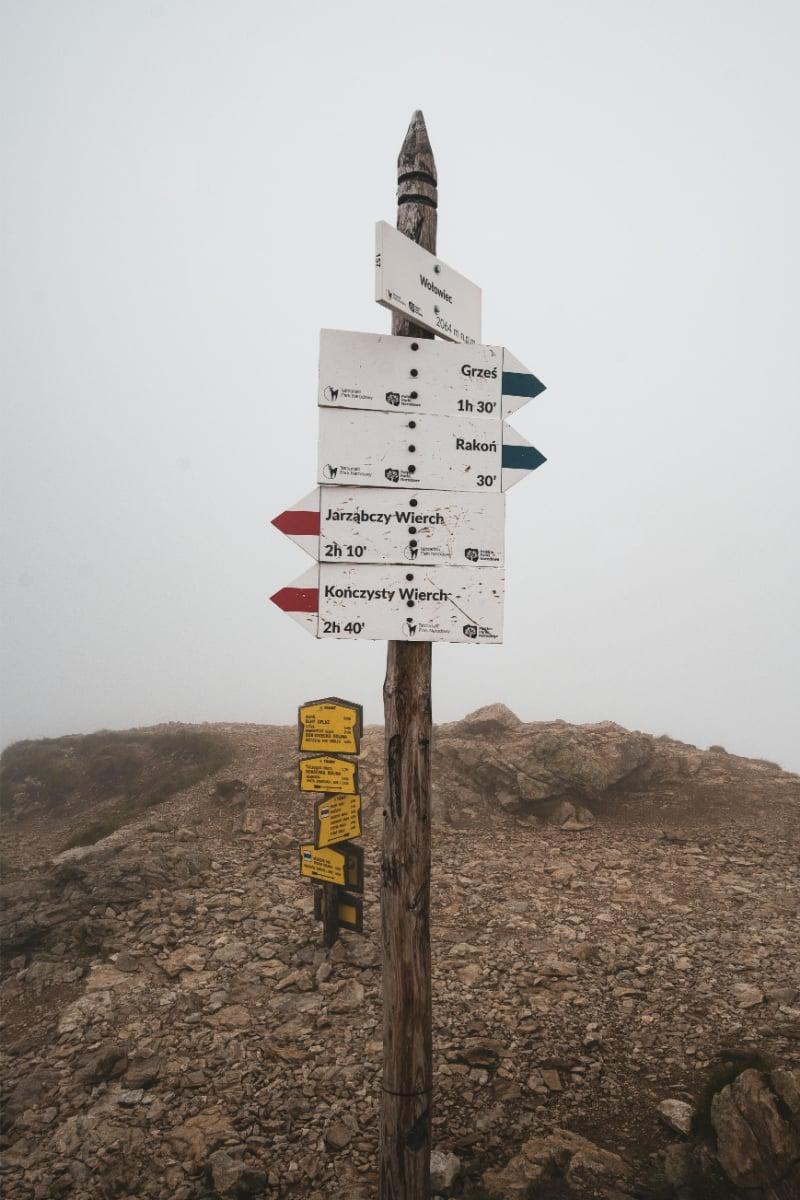 Drogowskaz na Wołowcu (2064 m n.p.m.). Czas przy każdym kierunku to sam marsz, bez postojów — a kolor strzałki wskazuje szlak, nie trudność.